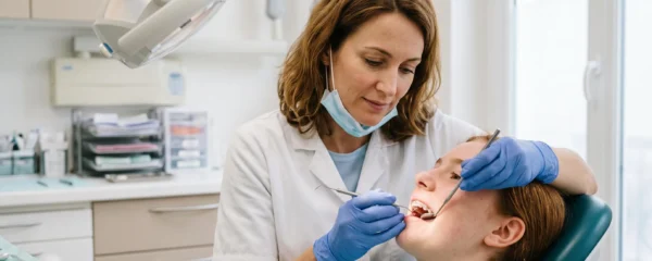 Orthodontiste examinant les bagues d'un patient adolescent dans un cabinet dentaire parisien.