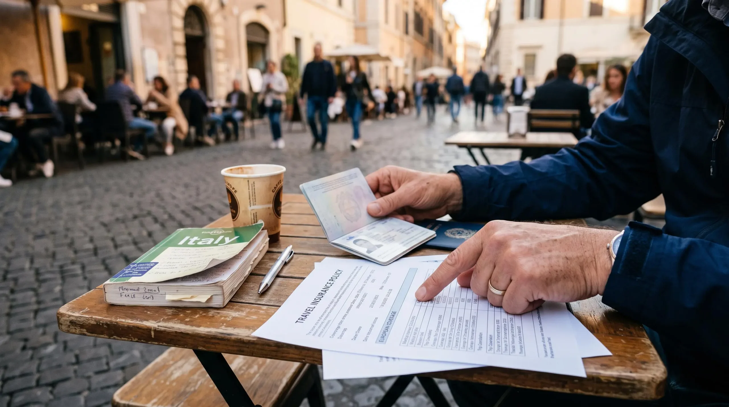 Un voyageur compare les garanties inscrites sur un contrat d'assurance voyage avec ses documents de séjour, attablé en terrasse.