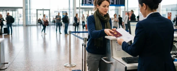 Une voyageuse tend son passeport et son attestation d'assurance voyage à un agent de compagnie aérienne au comptoir d'enregistrement d'un aéroport.