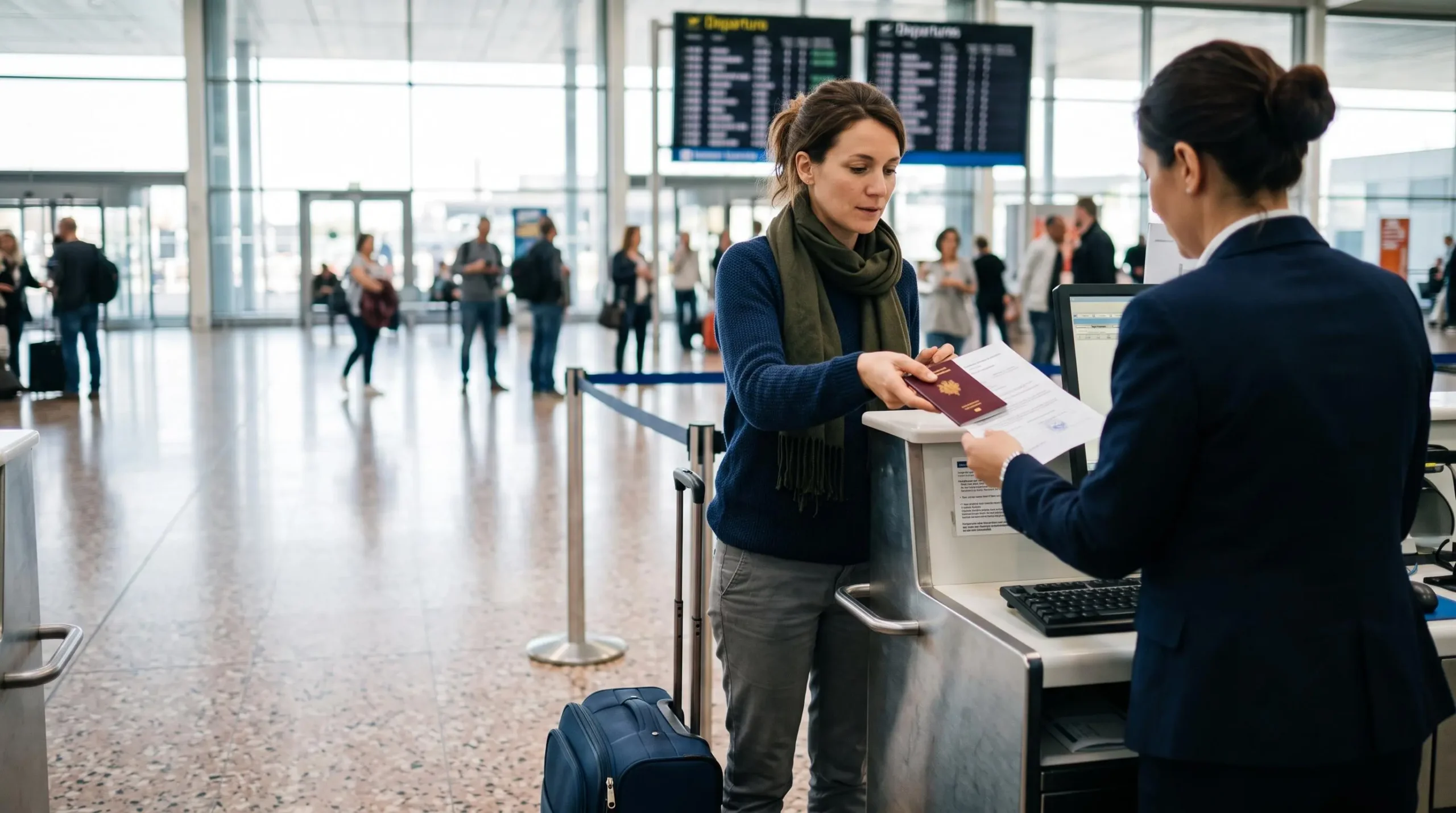 Une voyageuse tend son passeport et son attestation d'assurance voyage à un agent de compagnie aérienne au comptoir d'enregistrement d'un aéroport.