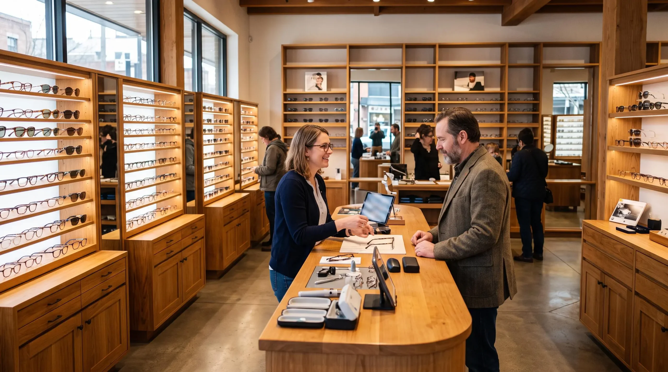 Un opticien accueille un client dans une boutique d'optique avec présentoirs de lunettes.