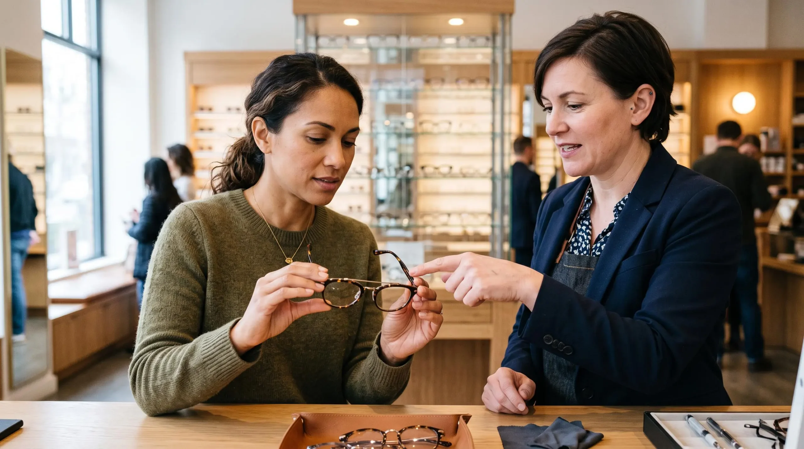 Un opticien montre à une cliente un détail de la monture en boutique.