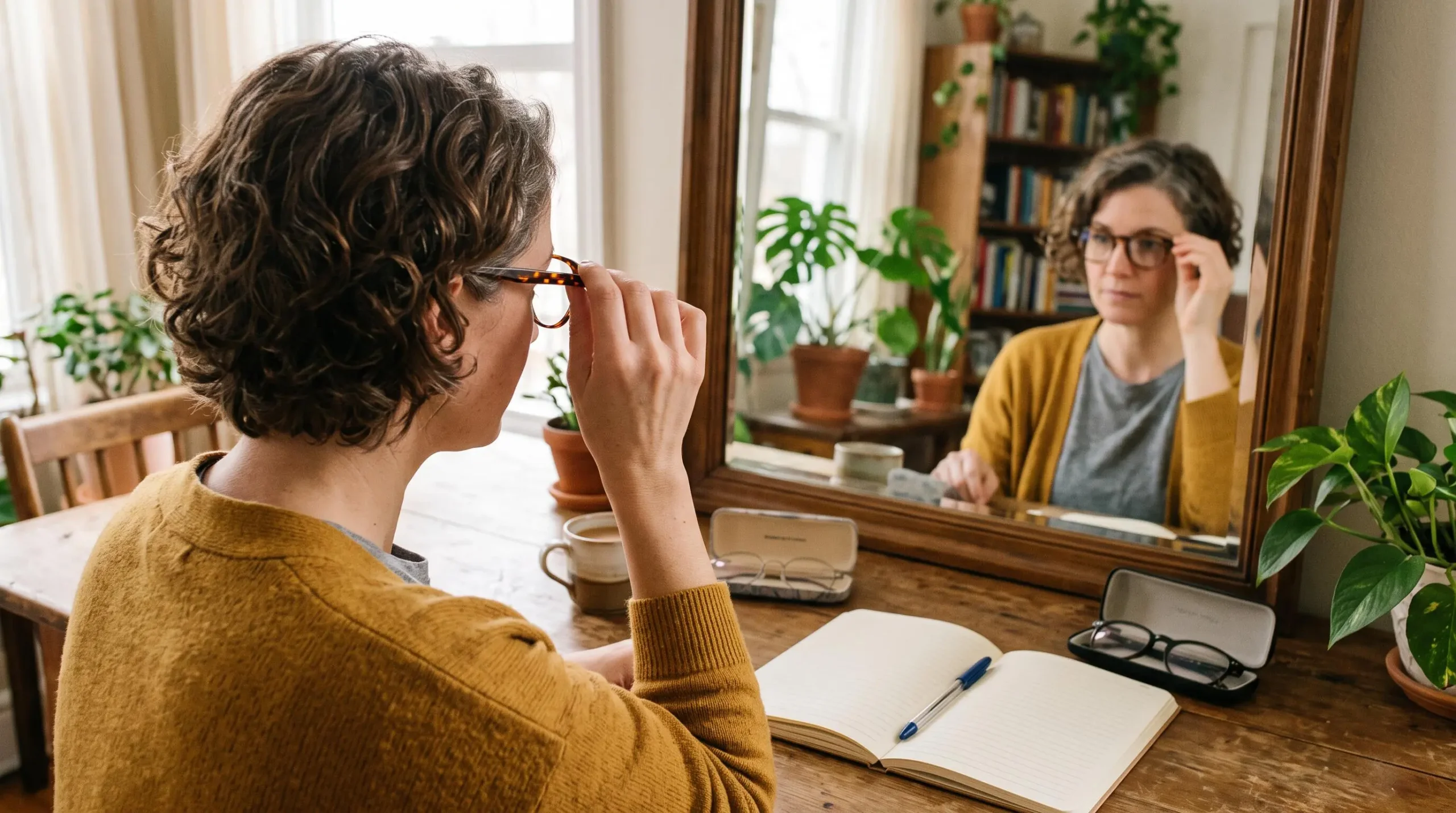 Une personne essaie des lunettes devant un miroir avec un carnet à côté.