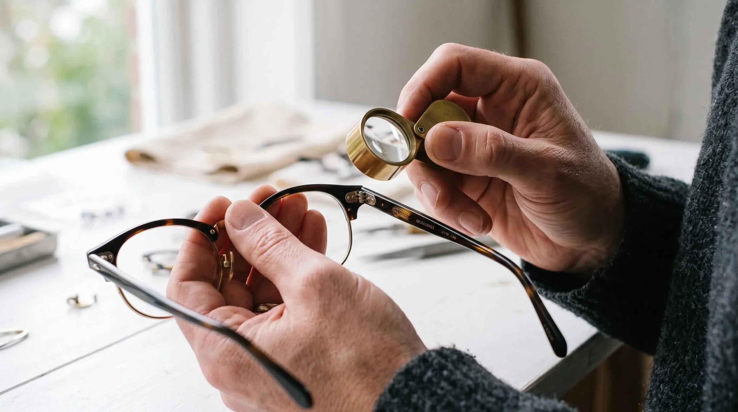 Une personne examine une monture de lunettes à la loupe sur une table.